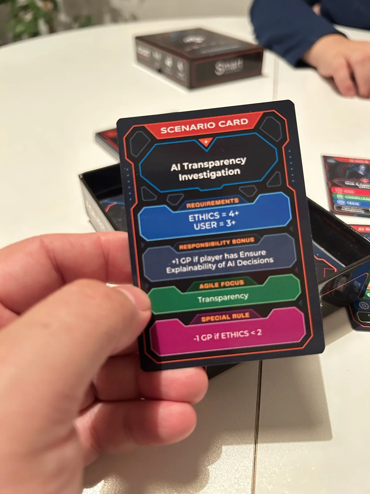 A hand holding the pilot scenario card AI Transparency Investigation, showing requirements and gameplay rules.