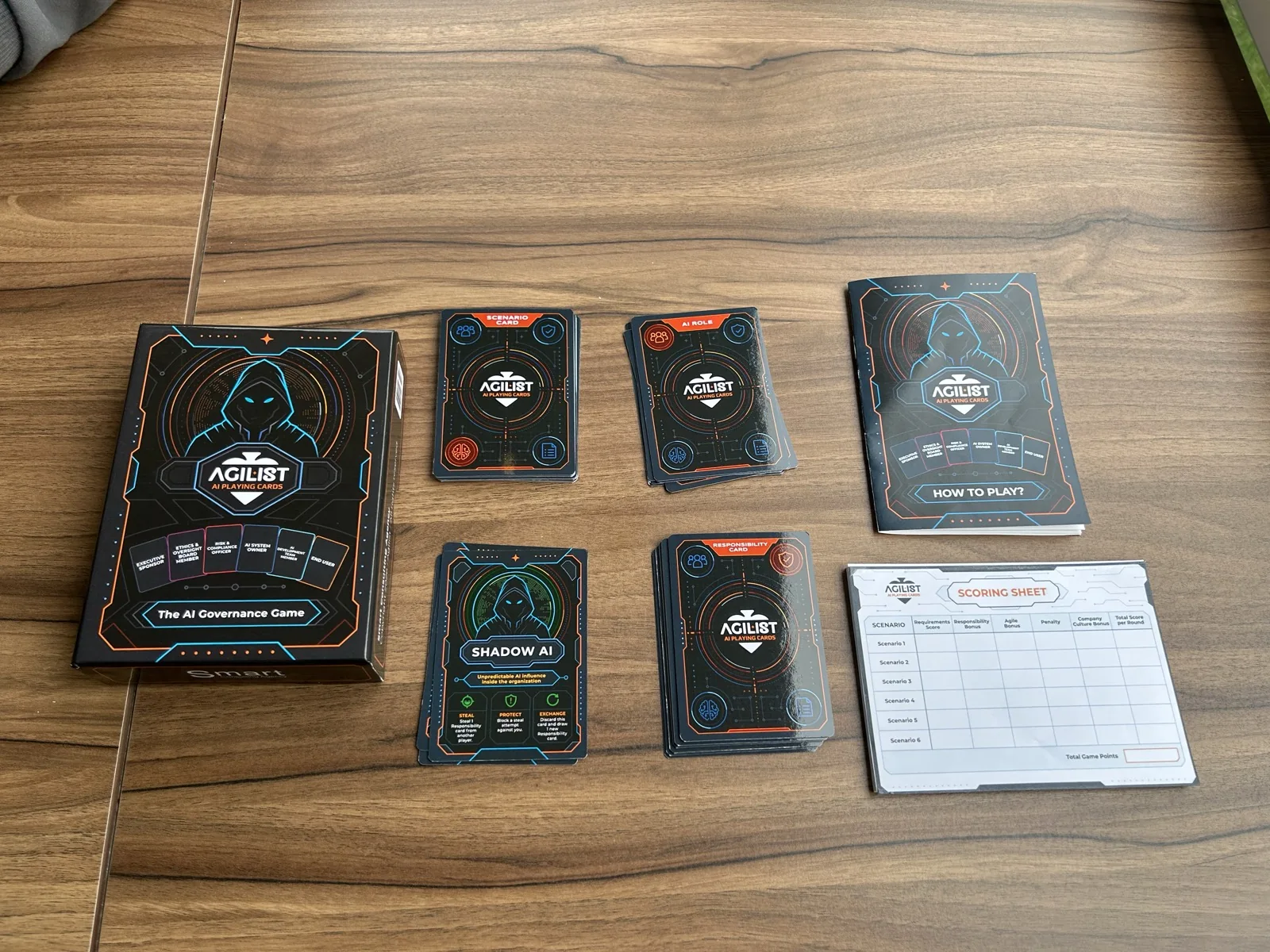 First pilot edition of Agilist AI Playing Cards laid out with card decks, instructions, and a scoring sheet.